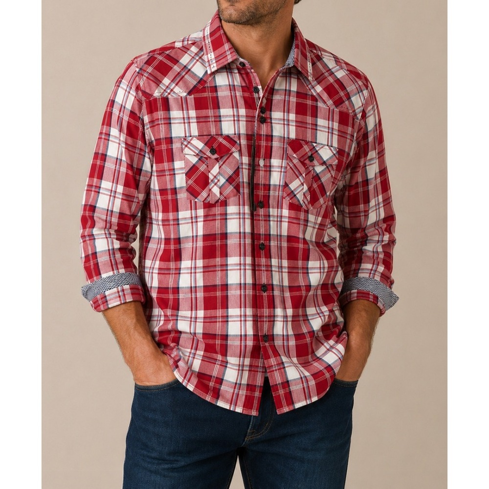 NEW Au Noir Ranger 7 Men Red White Plaid Cotton Button Down Shirt 5/XL